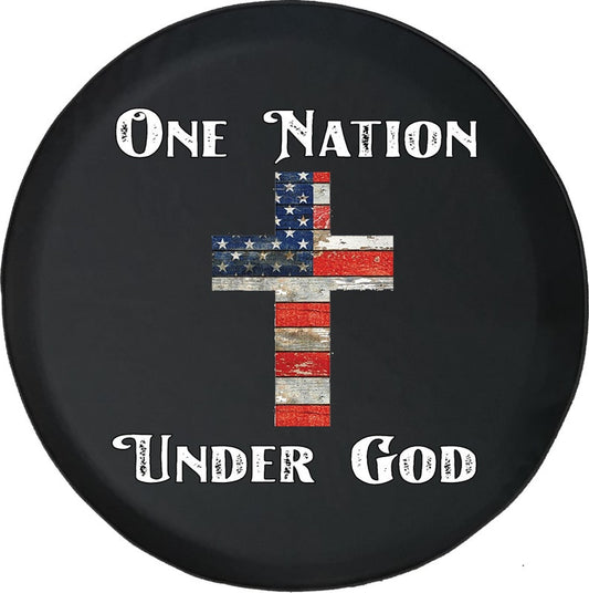 One Nation Under God American Flag Wooden Cross Tire Cover - Bible Verse Tire Cover