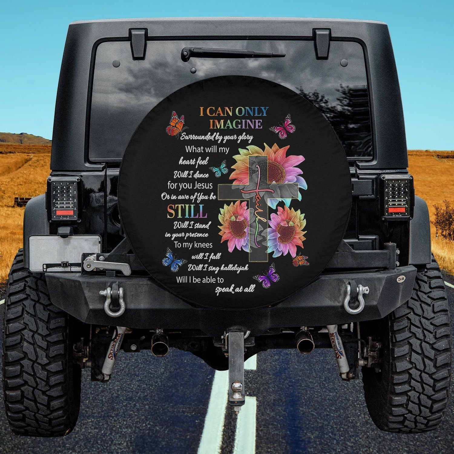 Only Imagine Faith Butterfly Jesus Christian Bible Verse God Spare Tire Cover - Bible Verse Tire Cover