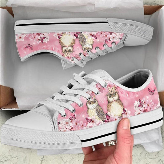 Owl Cherry Blossom Low Top Shoes, Animal Print Canvas Shoes, Print On Canvas Shoes