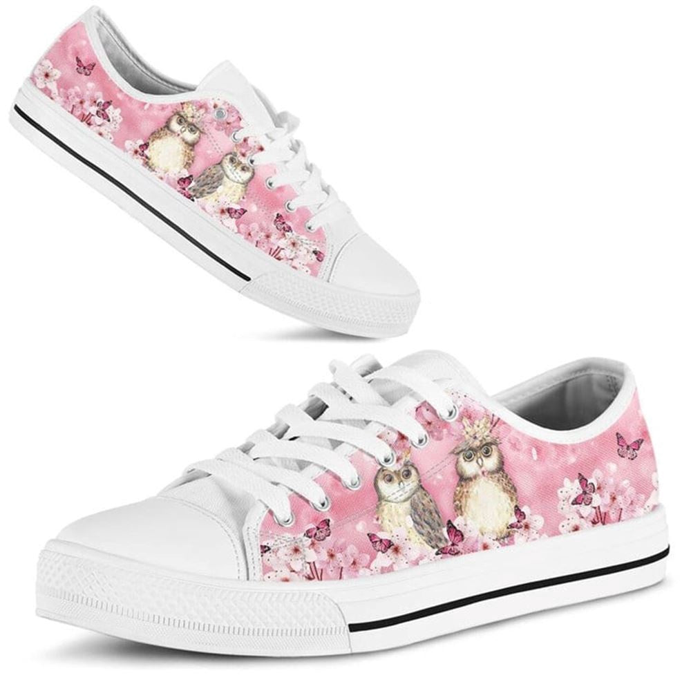 Owl Cherry Blossom Low Top Shoes, Animal Print Canvas Shoes, Print On Canvas Shoes