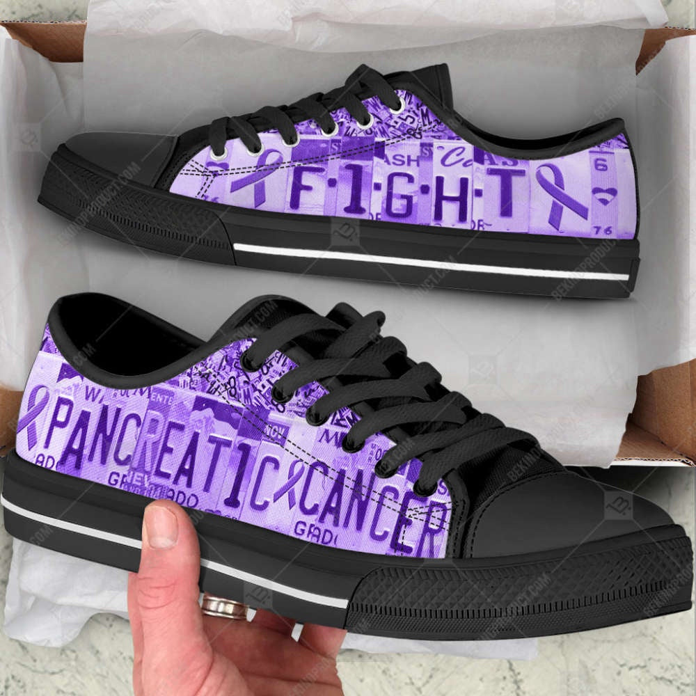 Pancreatic Cancer Low Top Canvas Shoes - Fight License Plates Purple, Breast Cancer Awareness Shoes