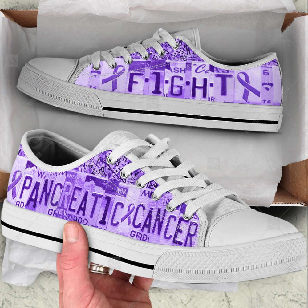 Pancreatic Cancer Low Top Canvas Shoes - Fight License Plates Purple, Breast Cancer Awareness Shoes