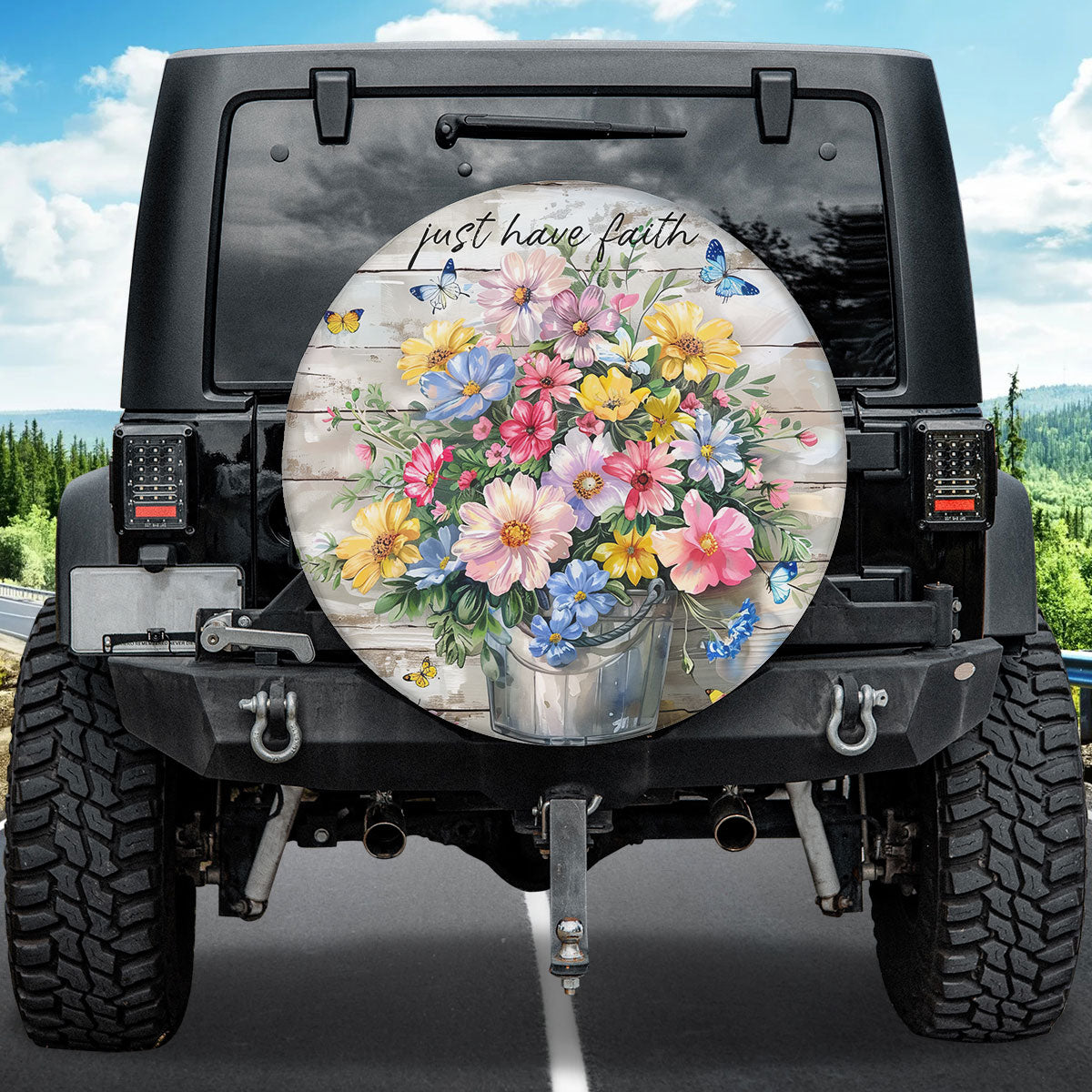 Pansies Blooming Butterfly Just Have Faith God Spare Tire Cover - Christian Tire Cover