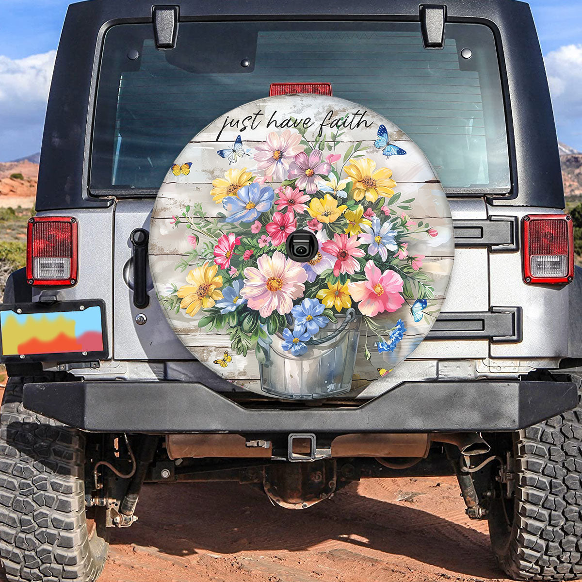 Pansies Blooming Butterfly Just Have Faith God Spare Tire Cover - Christian Tire Cover