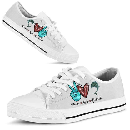 Peace Love Dolphin Sign Low Top Shoes, Animal Print Canvas Shoes, Print On Canvas Shoes
