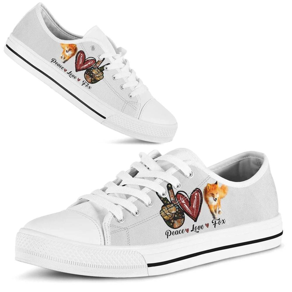 Peace Love Fox Sign Low Top Shoes, Animal Print Canvas Shoes, Print On Canvas Shoes
