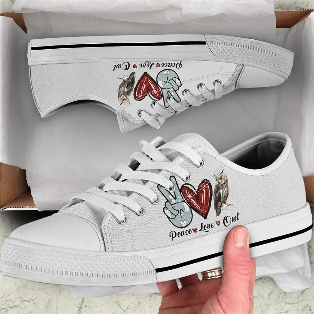 Peace Love Owl Sign Low Top Shoes, Animal Print Canvas Shoes, Print On Canvas Shoes