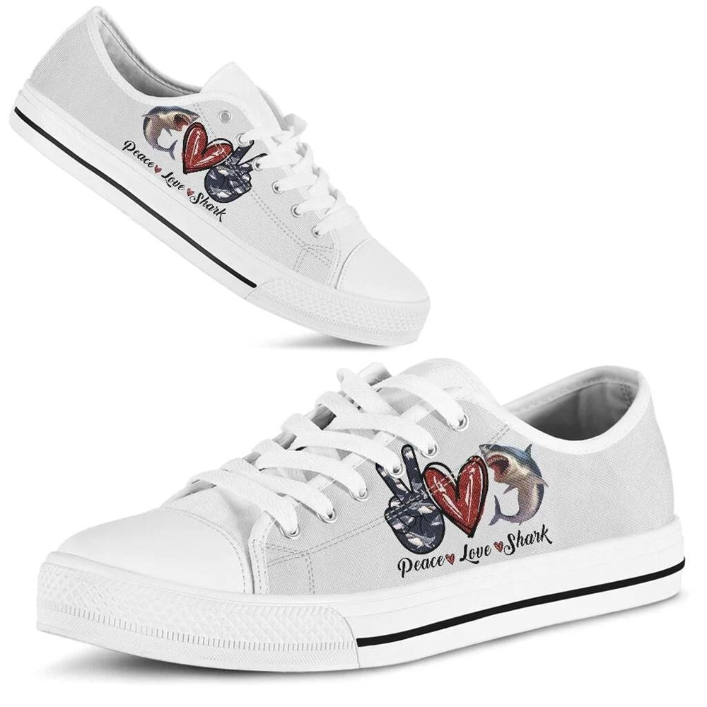 Peace Love Shark Sign Low Top Shoes, Animal Print Canvas Shoes, Print On Canvas Shoes