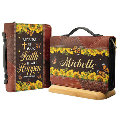  Personalized Bible Cover - Because Of Your Faith It Will Happen Matthew 9 29 Butterfly Flower Bible Cover for Christians