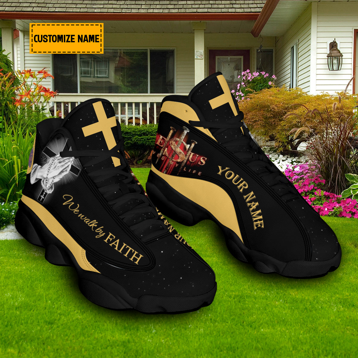 Personalized We Walk By Faith J13 Shoes - Hands Praying God Shoes - Jesus Shoes