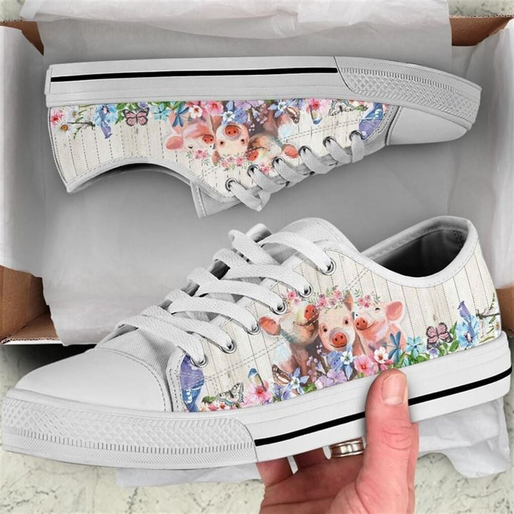 Pig Flower Watercolor Low Top Shoes, Animal Print Canvas Shoes, Print On Canvas Shoes