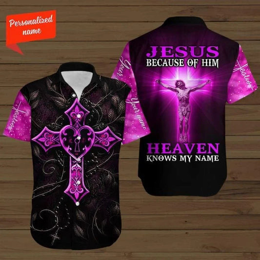 Pink Cross Because Of Him Heaven Knows My Name Custom Baseball Jersey - Personalized Jesus Baseball Jersey For Men and Women