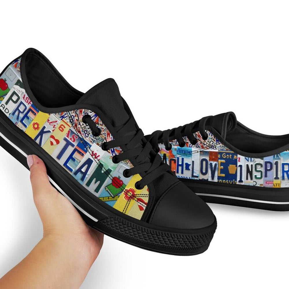 Pre K Team License Plates Low Top Black Shoes, Teacher Shoes, Low Top Sneakers