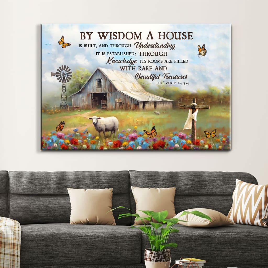 Proverbs 243-4 By Wisdom A House Is Built, Old Barn, Sheep, Wall Art Canvas