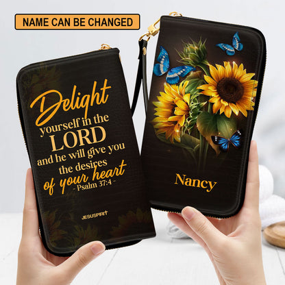 Psalm 374 Delight Yourself In The Lord Sunflower Personalized Leather Clutch Purse - Christian Gifts For Religious Women
