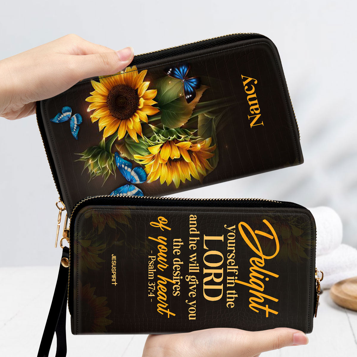 Psalm 374 Delight Yourself In The Lord Sunflower Personalized Leather Clutch Purse - Christian Gifts For Religious Women