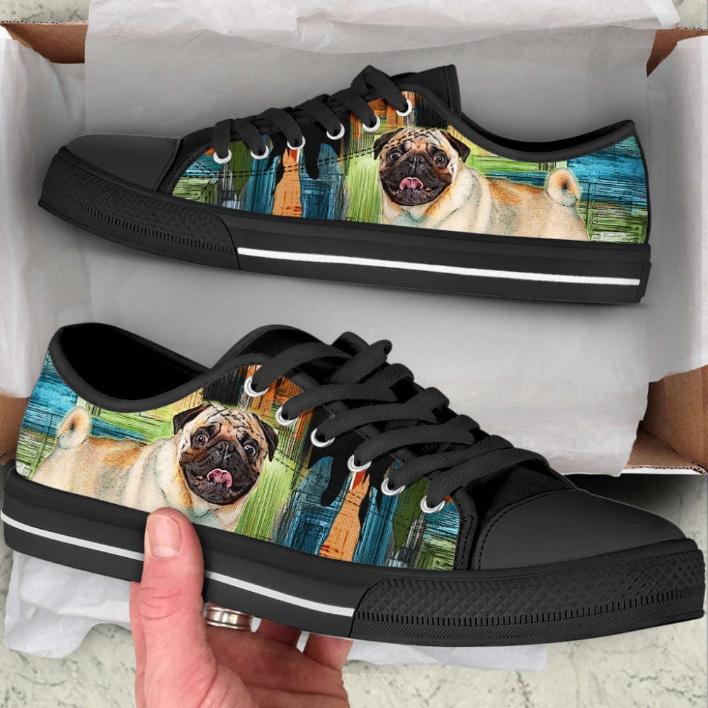 Pug Dog Paint Art Wallpaper Low Top Shoes Canvas Sneakers, Dog Printed Shoes, Canvas Shoes For Men, Women