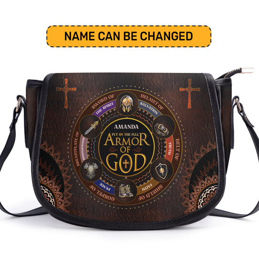 Put On the Full Armor Of God Personalized Leather Saddle Bag - Christian Women's Handbag Gifts