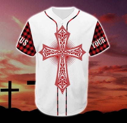Red Cross I Dont Believe In Luck I Believe In Jesus Custom Baseball Jersey - Personalized Jesus Baseball Jersey For Men and Women