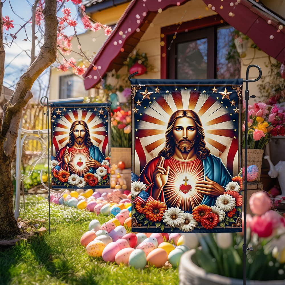Sacred Heart Of Jesus Religious American Flag - Religious House Flags