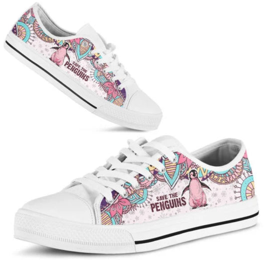 Save The Penguins Low Top Shoes Sneaker, Animal Print Canvas Shoes, Print On Canvas Shoes