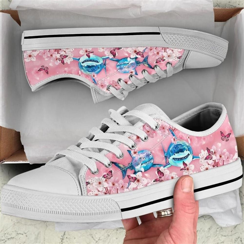 Shark Cherry Blossom Low Top Shoes, Animal Print Canvas Shoes, Print On Canvas Shoes