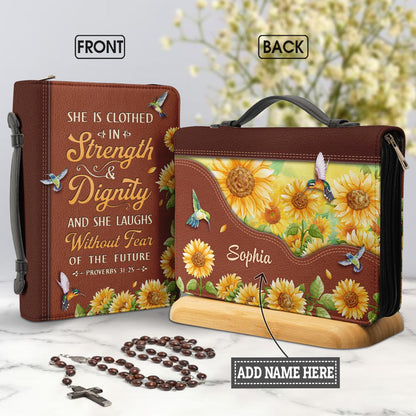 She Is Clothed In Strength And Dignity Proverbs 31 25 Personalized Bible Cover - Christian Bible Covers For Women