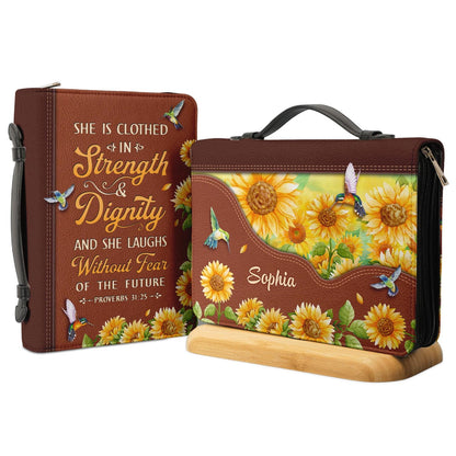 She Is Clothed In Strength And Dignity Proverbs 31 25 Personalized Bible Cover - Christian Bible Covers For Women