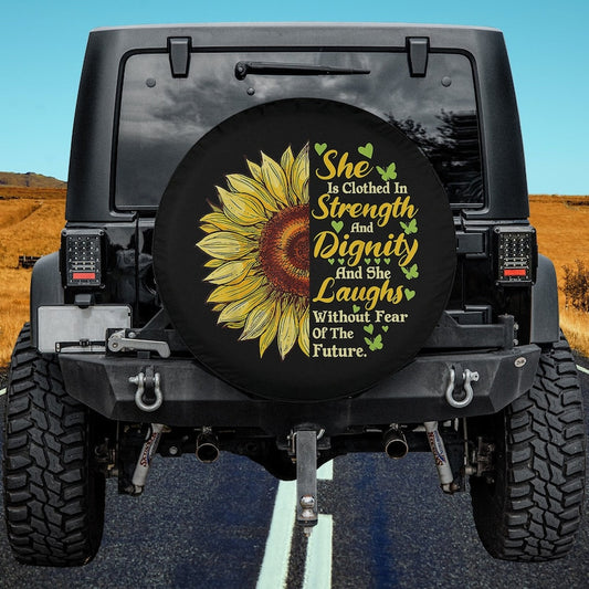 She Is Clothed Strength Dignity Laughs Bible Verse Sunflower Spare Tire Cover - Bible Verse Tire Cover