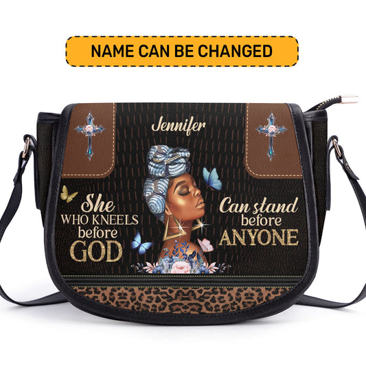 She Who Kneels Before God Personalized Leather Saddle Bag - Christian Women's Handbag Gifts