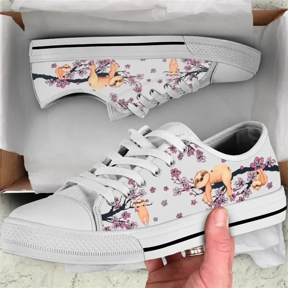 Sloth Cherry Blossom Low Top Shoes, Animal Print Canvas Shoes, Print On Canvas Shoes