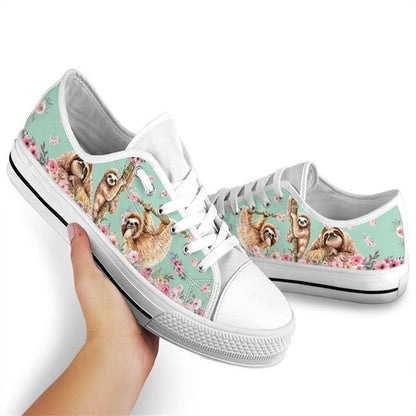 Sloth Flower Watercolor Low Top Shoes, Animal Print Canvas Shoes, Print On Canvas Shoes