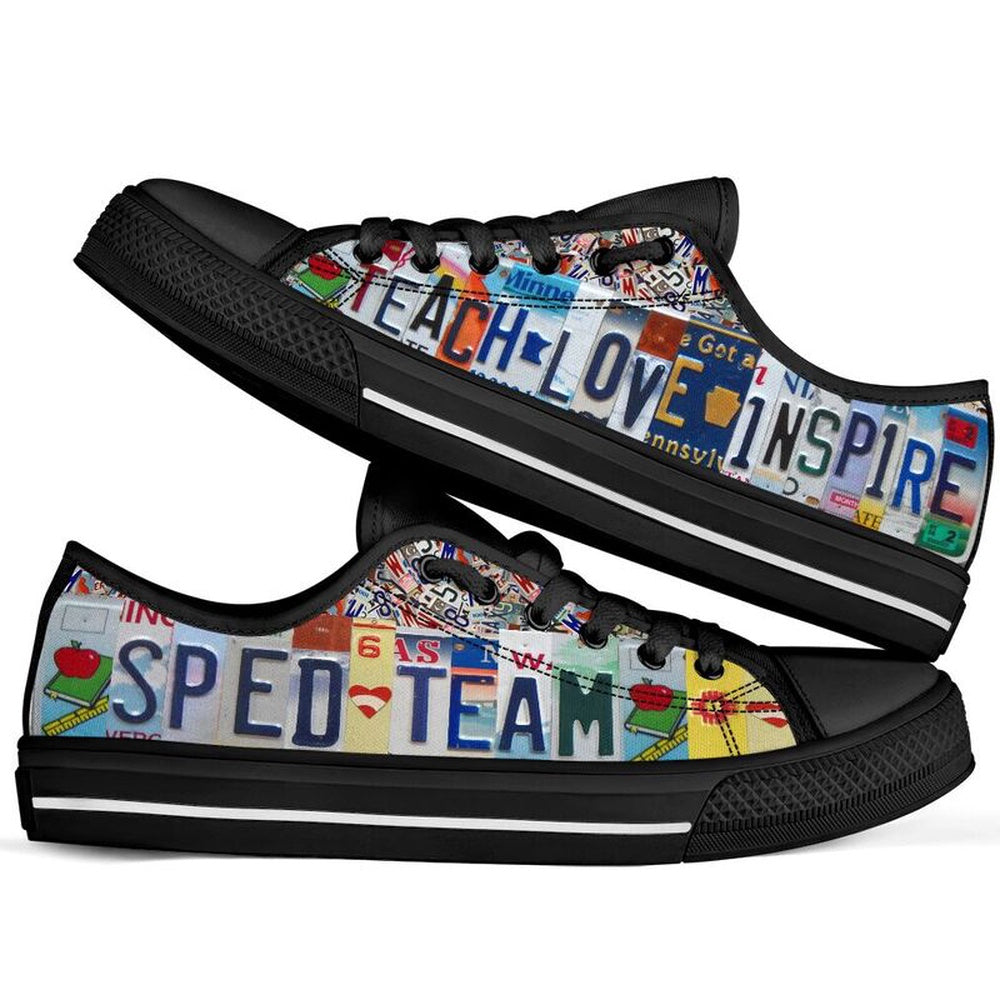 Sped Team License Plates Low Top Black Shoes, Teacher Shoes, Low Top Sneakers