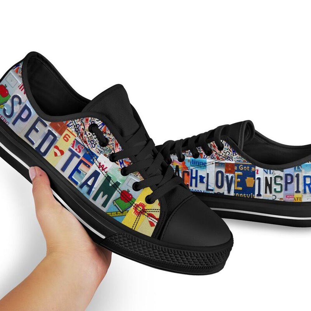 Sped Team License Plates Low Top Black Shoes, Teacher Shoes, Low Top Sneakers