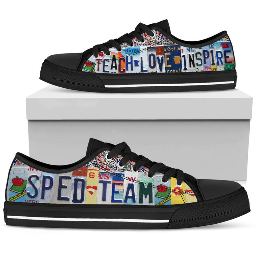 Sped Team License Plates Low Top Black Shoes, Teacher Shoes, Low Top Sneakers