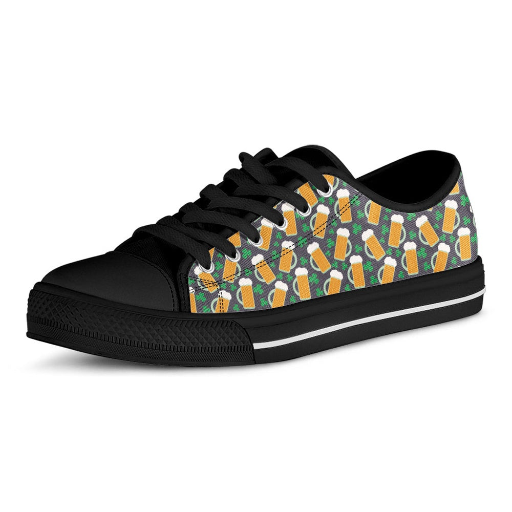 St Patrick's Day Shoes, Clover And Beer St. Patrick's Day Print Black Low Top Shoes, St Patrick's Day Sneakers, Animal Print Canvas Shoes, Print On Canvas Shoes