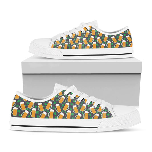 St Patrick's Day Shoes, Clover And Beer St. Patrick's Day Print White Low Top Shoes, St Patrick's Day Sneakers, Animal Print Canvas Shoes, Print On Canvas Shoes