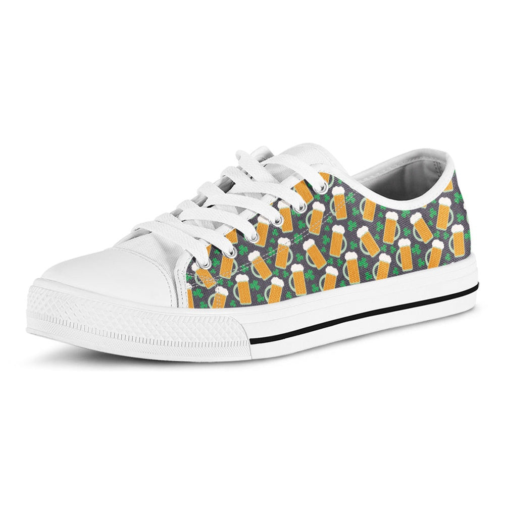 St Patrick's Day Shoes, Clover And Beer St. Patrick's Day Print White Low Top Shoes, St Patrick's Day Sneakers, Animal Print Canvas Shoes, Print On Canvas Shoes