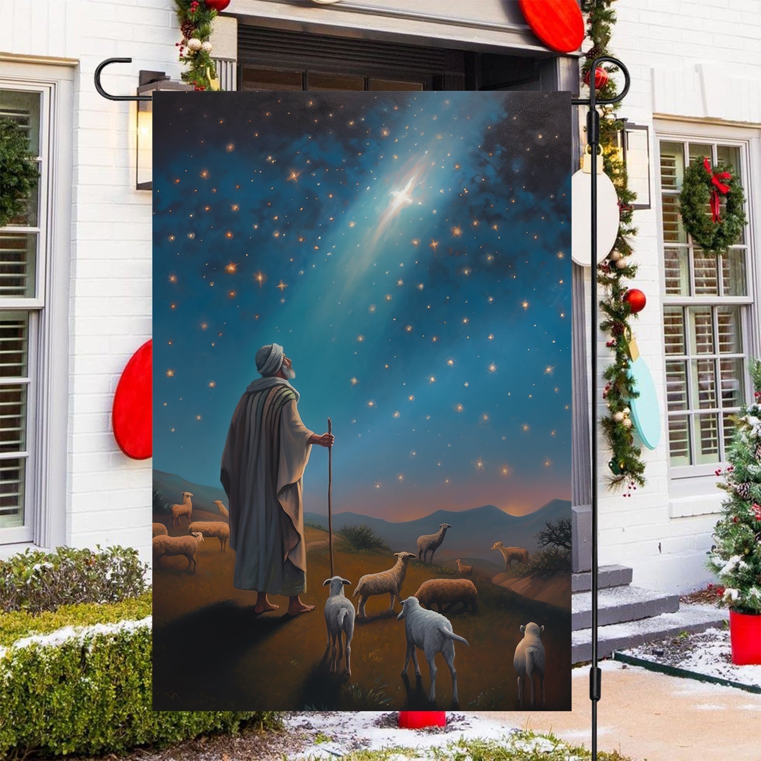 Starlit Journey To Bethlehem With Shepherd's Christmas Garden Flag - Christian House Flag