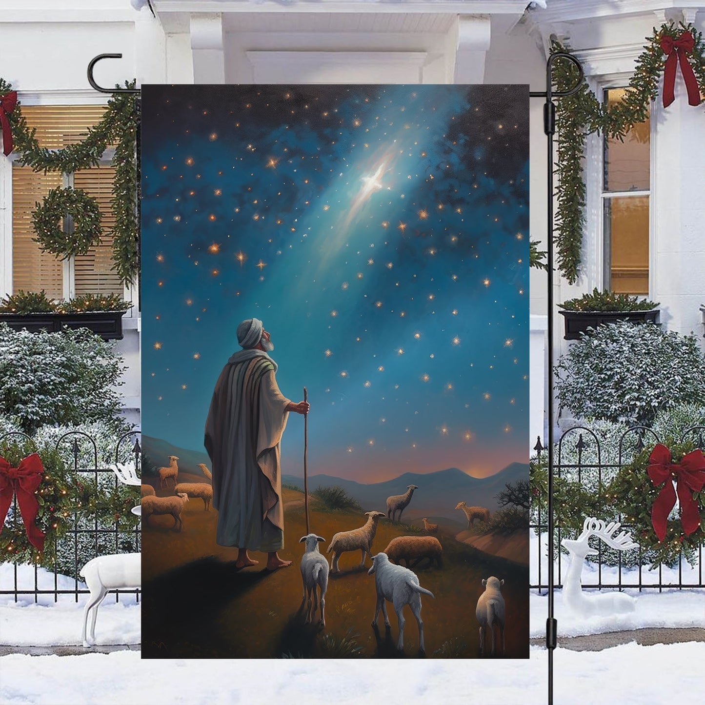 Starlit Journey To Bethlehem With Shepherd's Christmas Garden Flag - Christian House Flag