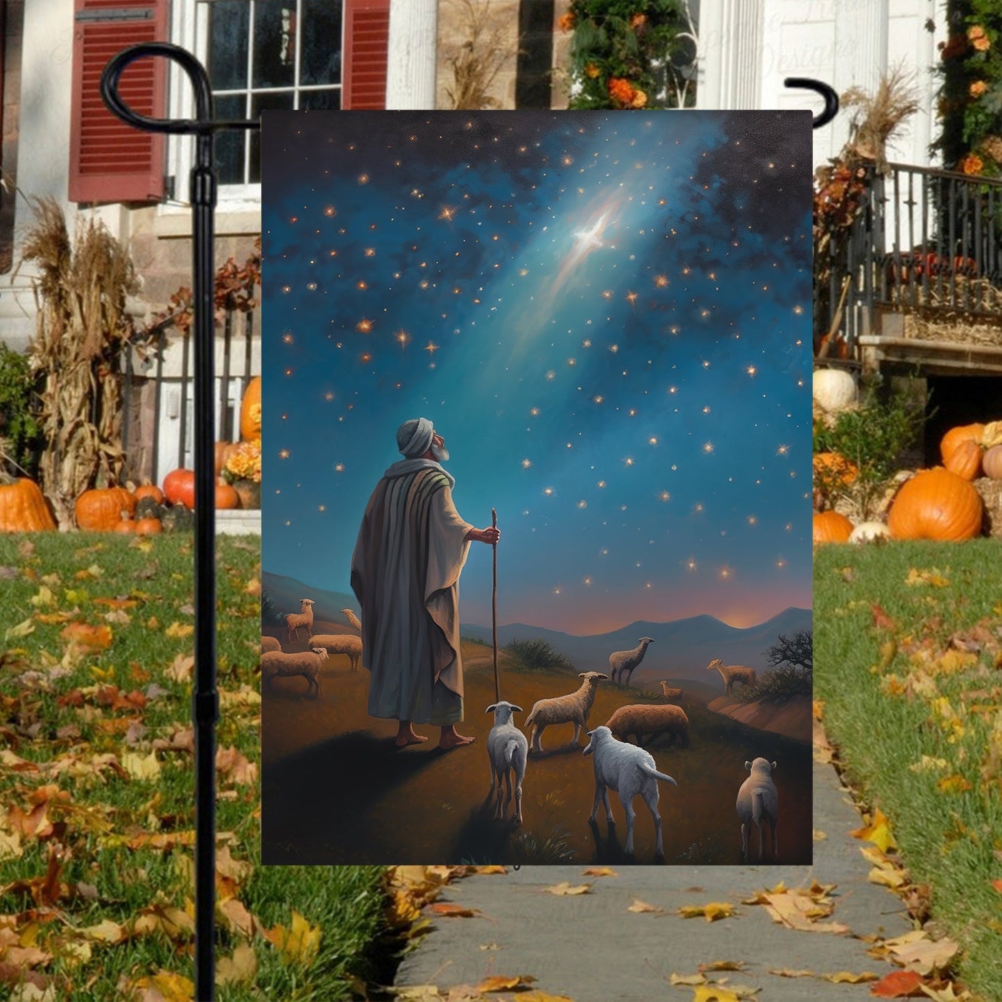 Starlit Journey To Bethlehem With Shepherd's Christmas Garden Flag - Christian House Flag