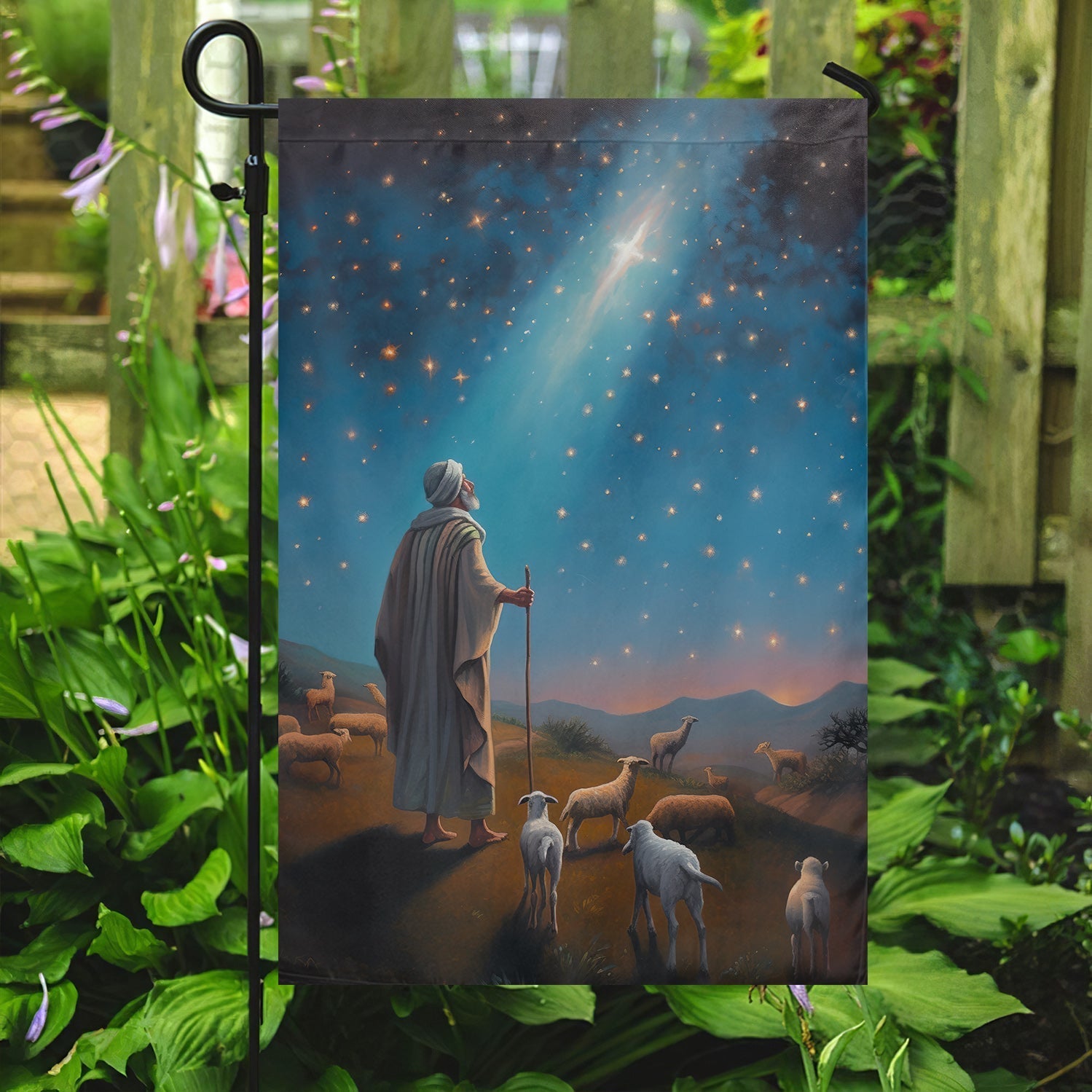 Starlit Journey To Bethlehem With Shepherd's Christmas Garden Flag - Christian House Flag