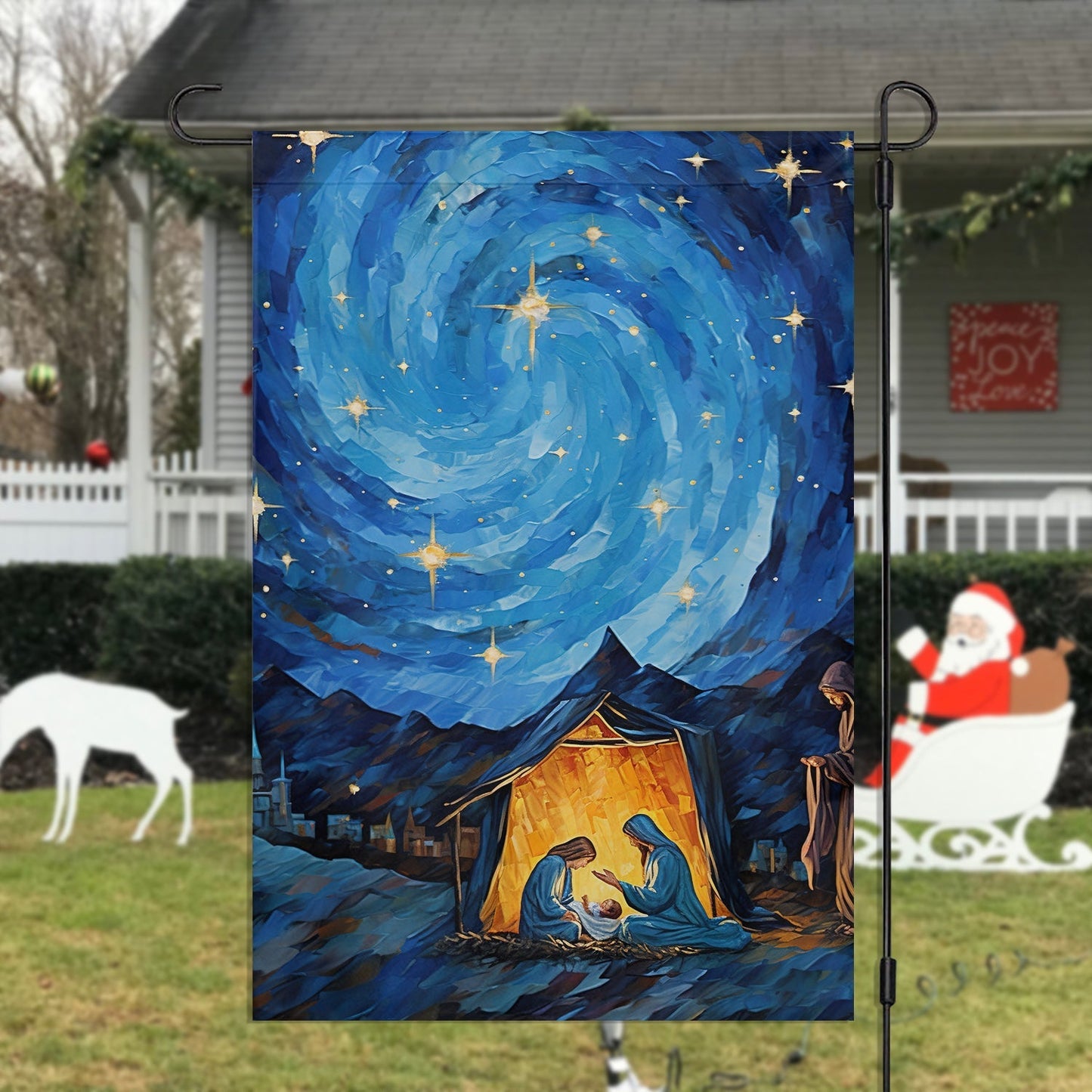Starry Night Of Blessings Christmas Garden Flag & Christian House Flag