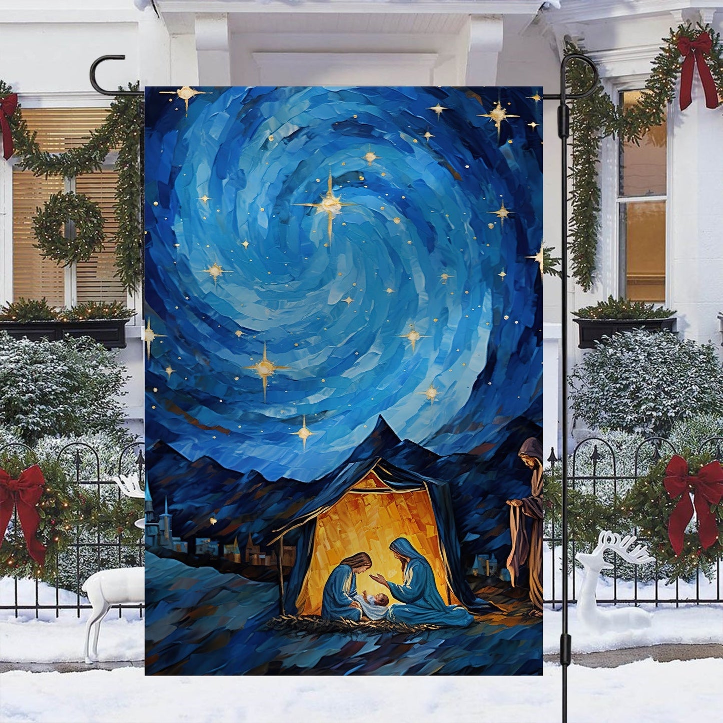 Starry Night Of Blessings Christmas Garden Flag & Christian House Flag