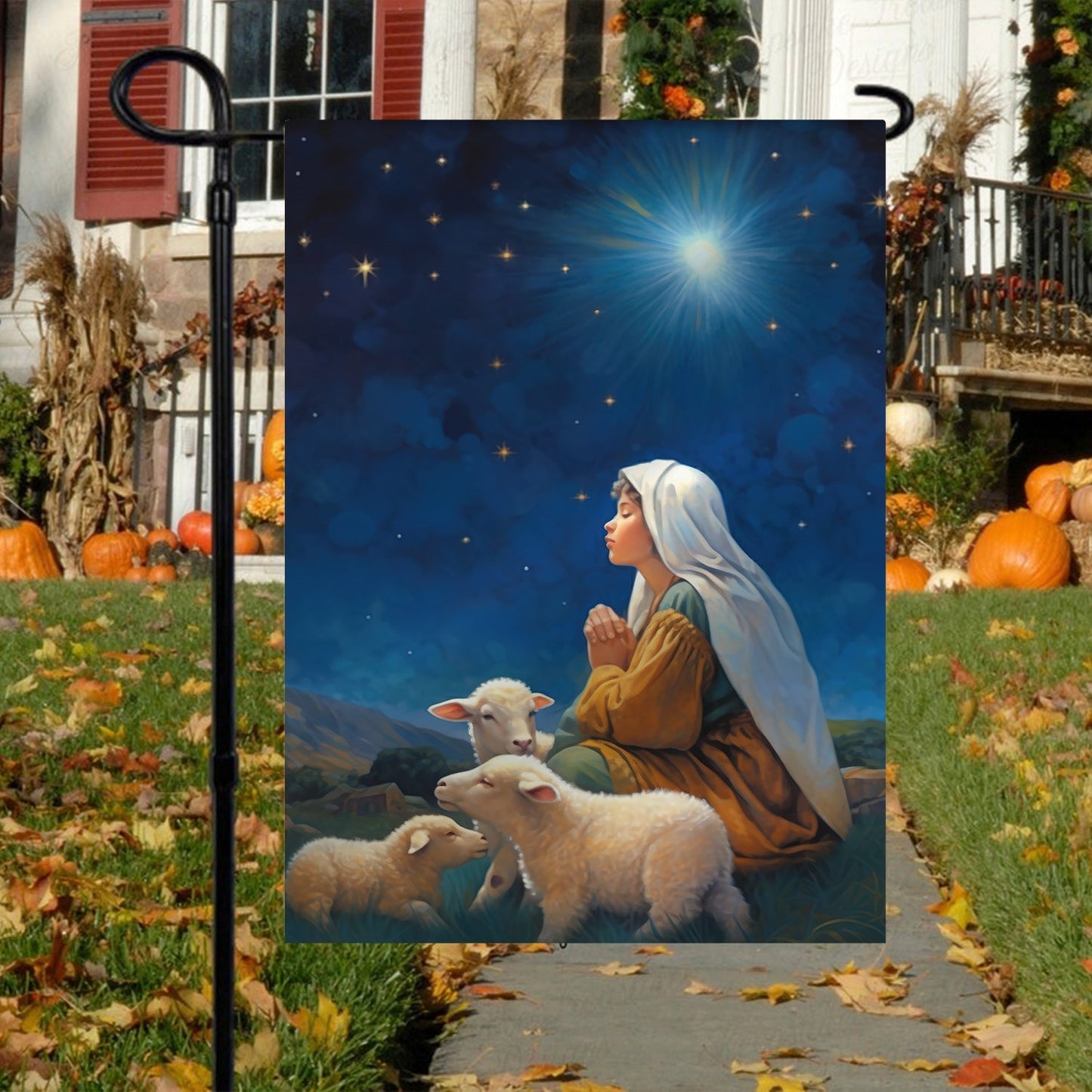 Starry Night Of Devotion Mary's Prayerful Moment Christmas Garden Flag - Christian House Flag