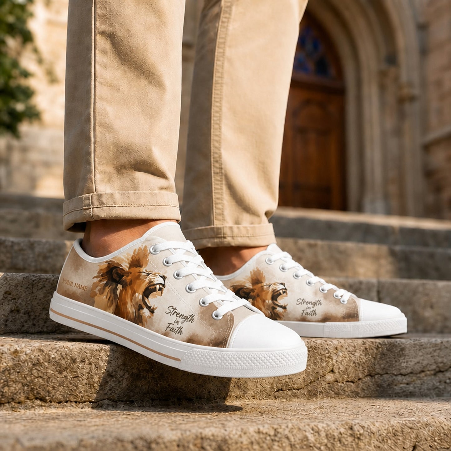 Strength In Faith Lion Graphic Personalized Low Top Shoes Life style  