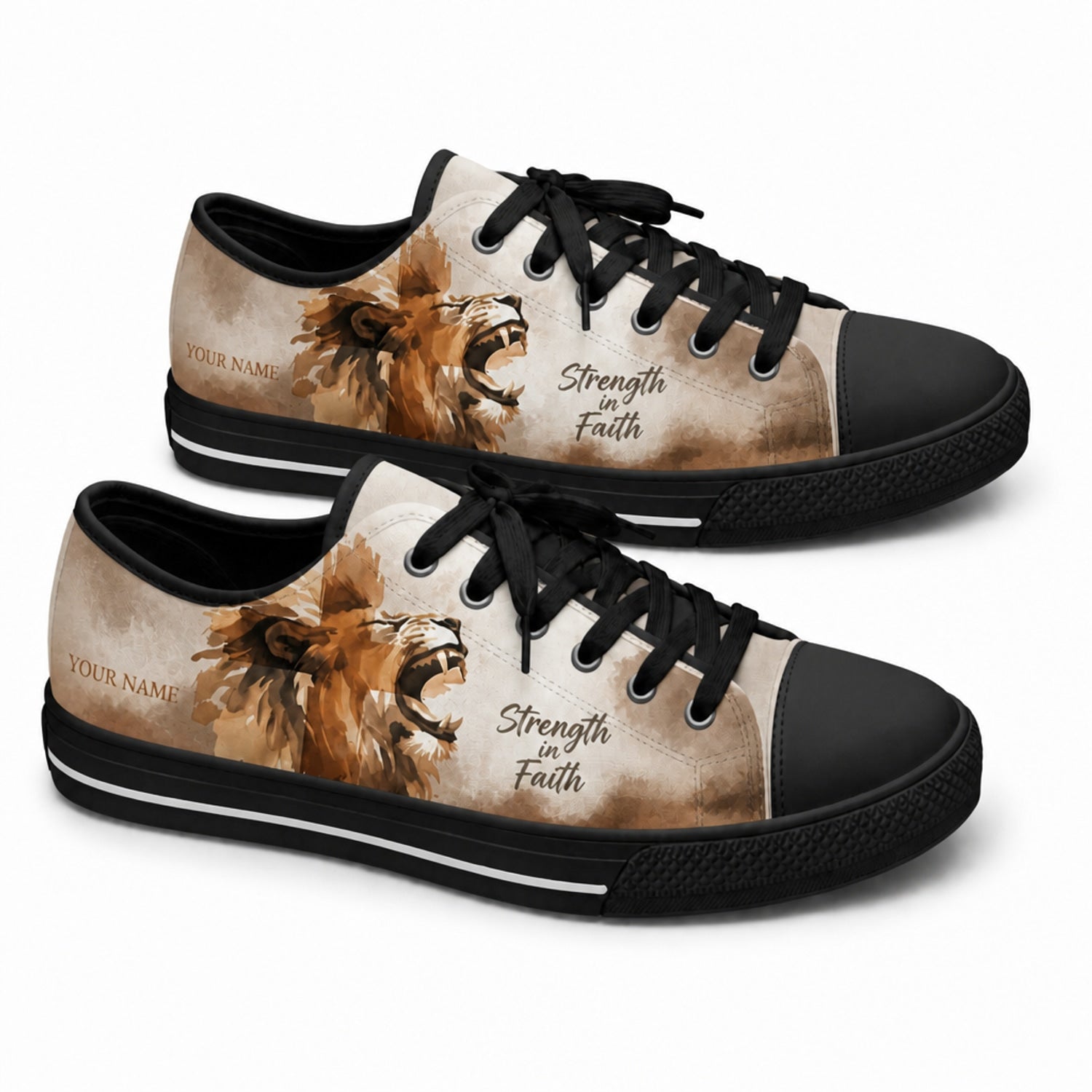 Strength In Faith Lion Graphic Personalized Low Top Shoes black shoes  