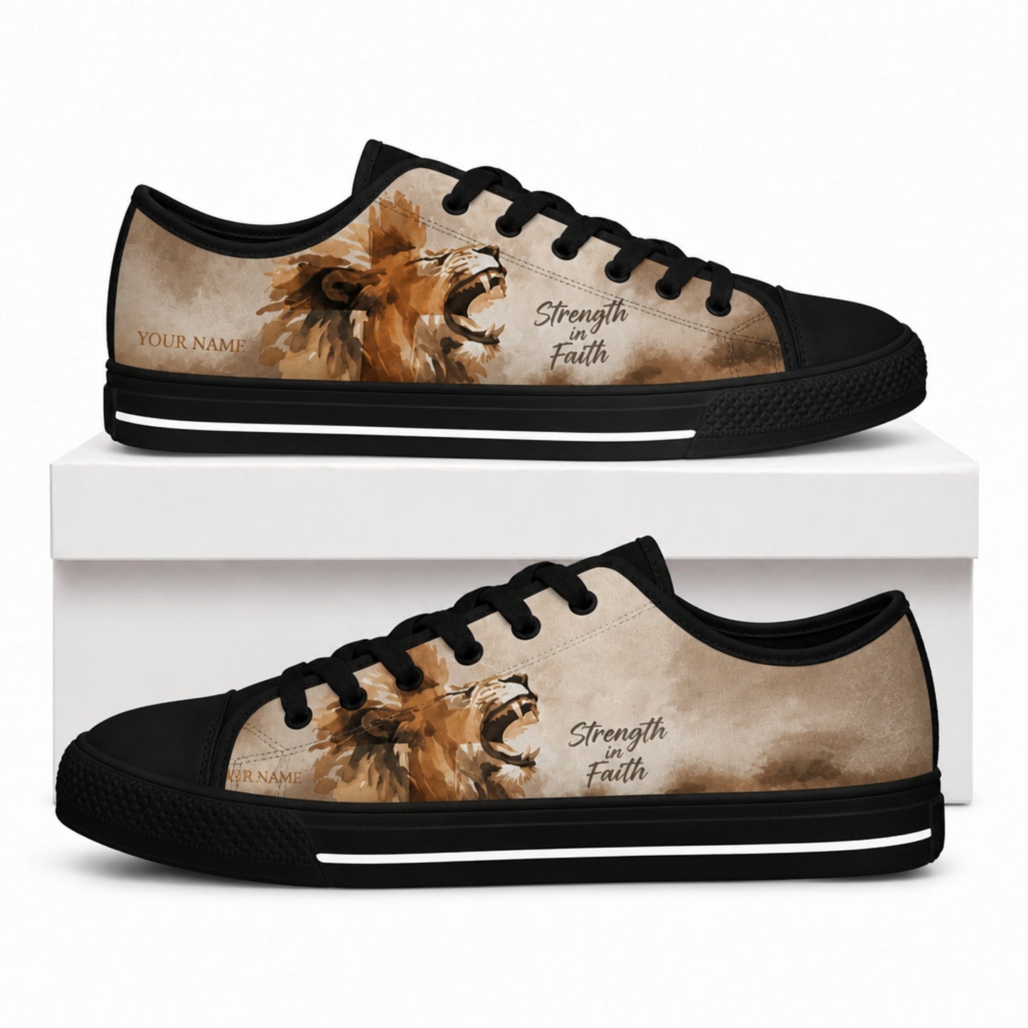 Strength In Faith Lion Graphic Personalized Low Top Shoes box black  