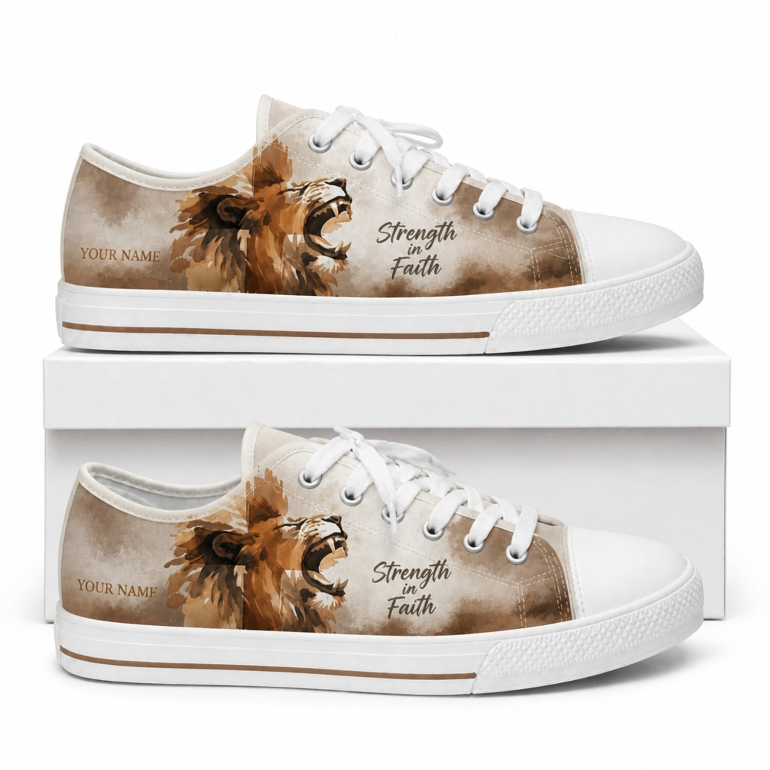 Strength In Faith Lion Graphic Personalized Low Top Shoes box white  