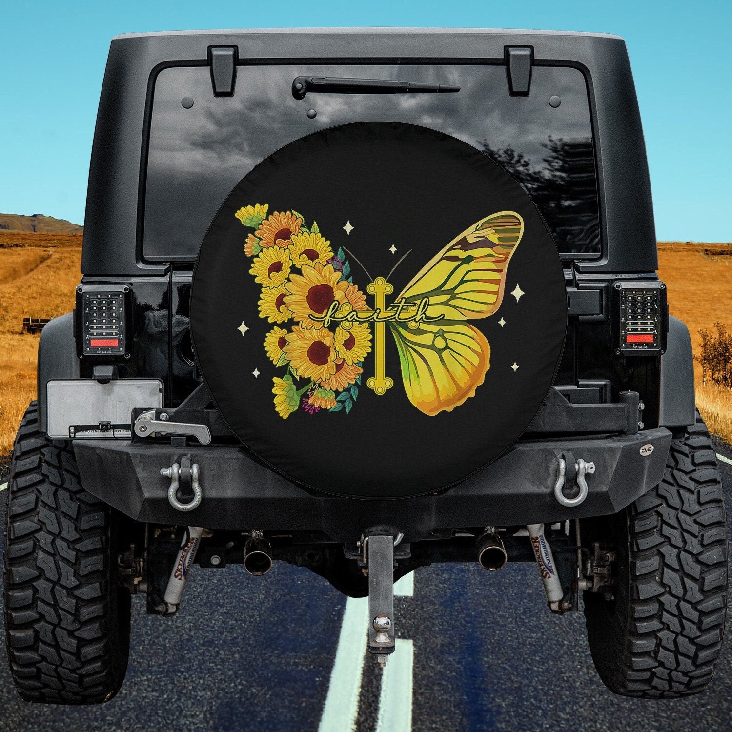 Sunflower Butterfly Jesus God Christian Faith Cross Patriot Spare Tire Cover - Bible Verse Tire Cover